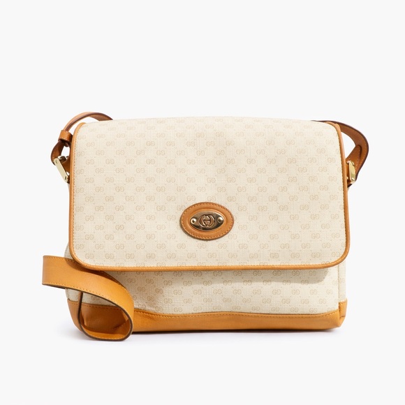 Gucci Handbags - Vintage Gucci Micro GG Canvas Flap Shoulder Messenger Bag Tan Leather w/ COA